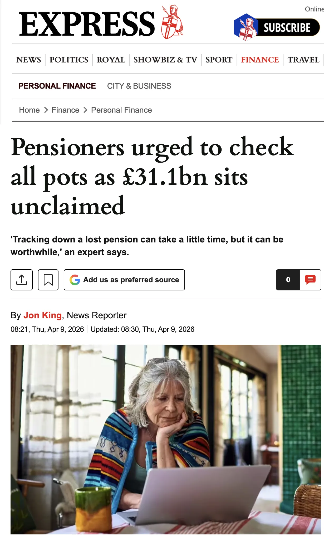 Daily Express pensions story placement